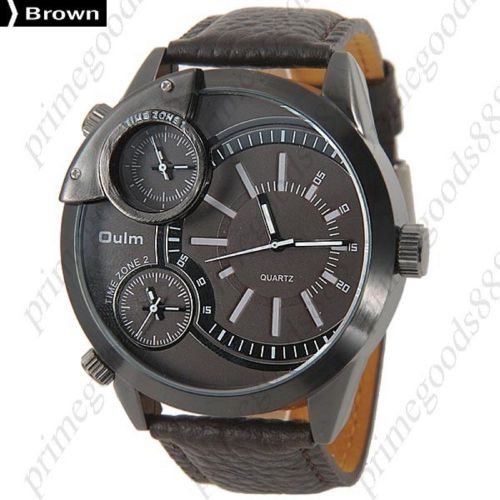 Brown Face PU Leather 3 Time Zone Zones Sub Dials Analog Quartz Men&#039;s Wristwatch