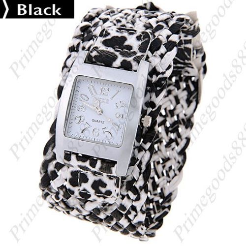 Leopard Wide Square Twin PU Leather Quartz Lady Ladies Wristwatch Women&#039;s Black