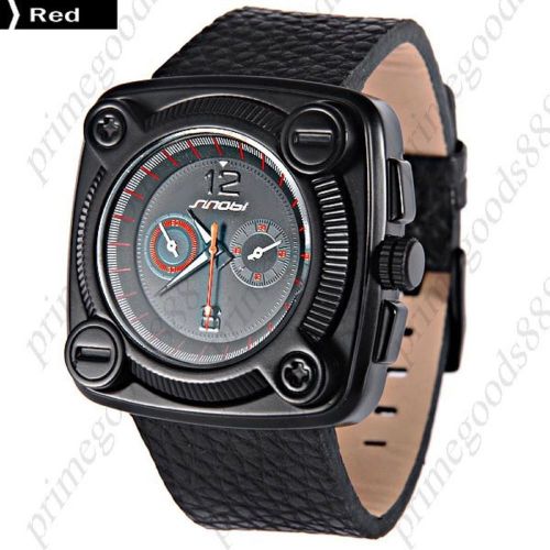 PU Leather Band Quartz Wrist Men&#039;s Free Shipping Wristwatch Black with Red