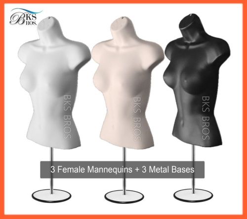 3 Mannequin White Flesh Black Female Metal Stand w Hanging Hook Dress Form Woman