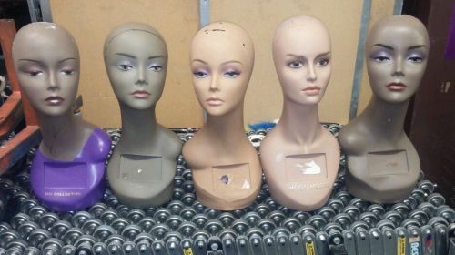 Lot of 5 Mannequin Heads displaying hats, scarves, wigs, etc