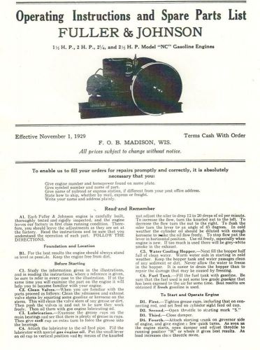 Fuller &amp; johnson nc 1.5-2.5 hp gas engine motor instruction manual parts list for sale