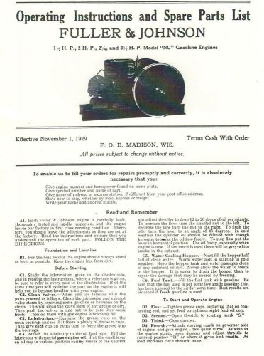 Fuller &amp; Johnson NC 1.5-2.5 hp Gas Engine Motor Instruction Manual Parts List