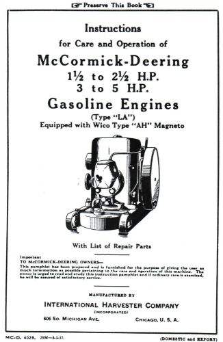 International IH LA Gas Engine Motor 1.5-2.5 &amp; 3-5 hp Wico AH Mag Book Manual LB