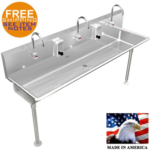 HAND SINK 3 STATION 60&#034; ELECTRONIC FAUCET FLOOR MOUNT STAINLESS STEEL MADE IN US