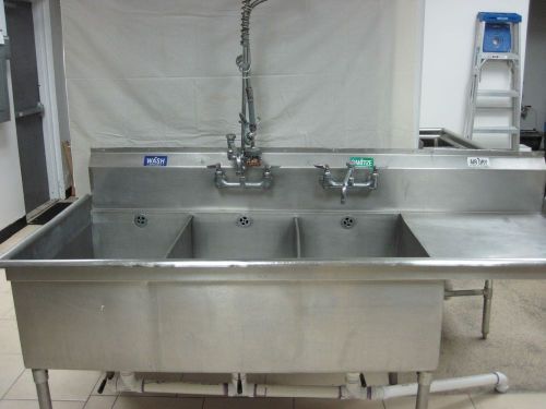 Stainless steel 3 bay sink w/ t&amp;s faucets and prerinse for sale