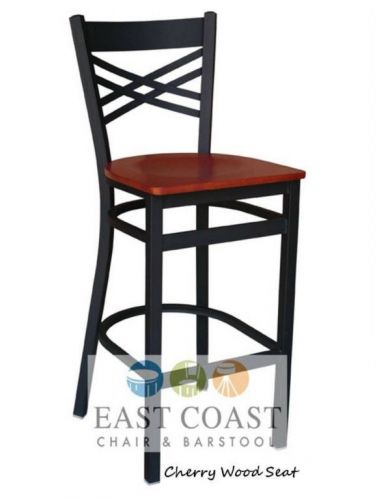 New Commercial Cross Back Metal Restaurant Bar Stool with Cherry Wood Seat