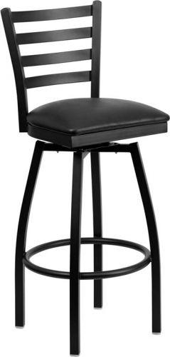 Black ladder back swivel metal bar stool - black vinyl seat for sale