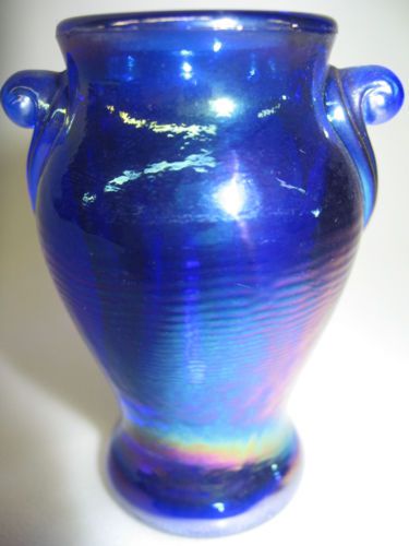 cobalt blue carnival glass toothpick / match holder vase urn pattern iridescent