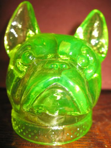 Vaseline glass Boston Terrier uranium yellow french bulldog candy container dog