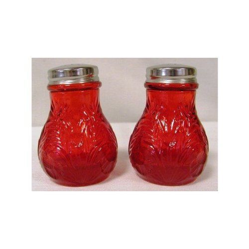 Solid Ruby Red Glass Salt &amp; Pepper Shakers Inverted Thistle Pattern