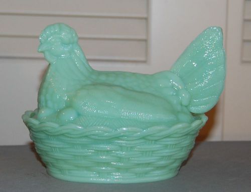 Jadeite glass hen chicken on nest basket dish rooster candy jadite / jade green