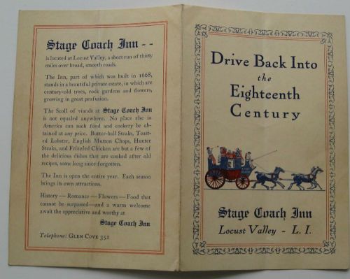 Restaurant Brochure For The Stage Coach Inn, Locust Valley Long Island 1900&#039;s/20