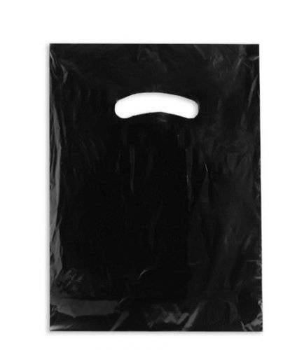 100 qty. black plastic t-shirt retail shopping bags w/ handles 9 x 12 for sale