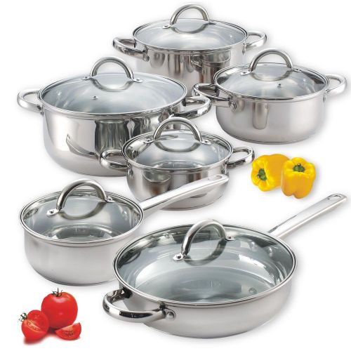 NEW 12 Piece Stainless Steel Mirror Polished Kitchen Cookware Set