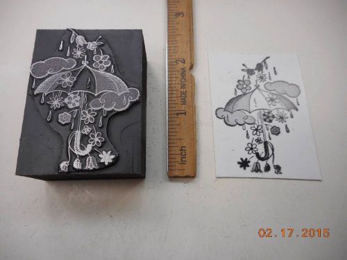 Letterpress Printing Printers Block, Flowers raining on Umbrella