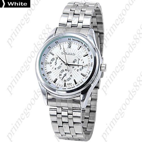 Round Quartz Analog Silver Stainless Steel Band Wrist Men&#039;s Wristwatch White