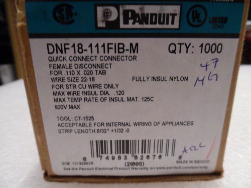 Panduit dnf18-111fib-m female disconnect 22–18 awg .110 x .020 tab size nib 1000 for sale