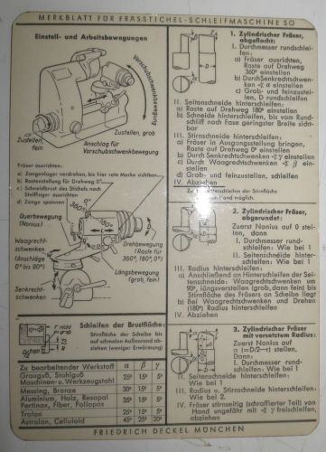 Deckel SO/SOE Tool Cutter Grinder Instruction Card, German, Heavy Stock