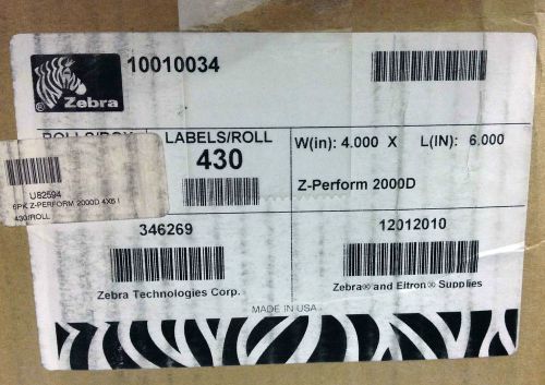 x4 Zebra 10010034 Z-Perform 2000D Thermal 4x6&#034; - 430/Roll - 1&#034; Core
