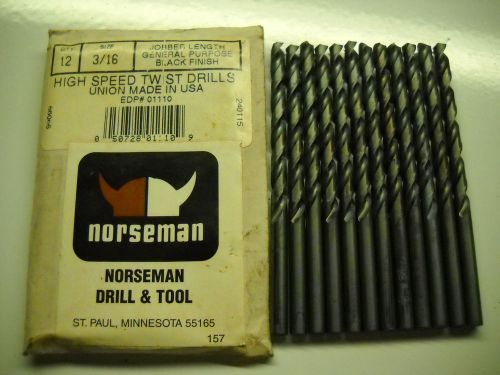 NORSEMAN 3/16&#034; JOBBER LENGTH HIGH SPEED TWIST DRILLS (SET OF 12) NEW IN PACKAGE