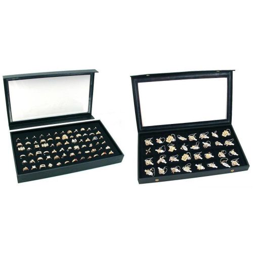 Jewelry box Display Case w/ Ring Foam &amp; Clear Top Case w/ Earring Tray Kit 4 Pcs