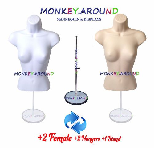 2 female mannequin torso form white flesh 2 hook +1 stand display dress clothing for sale