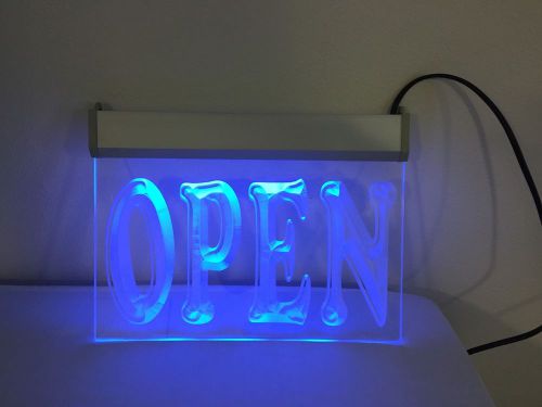 OPEN sign - lighted - etched area lights in Blue - best in a dark area - 9 x 12