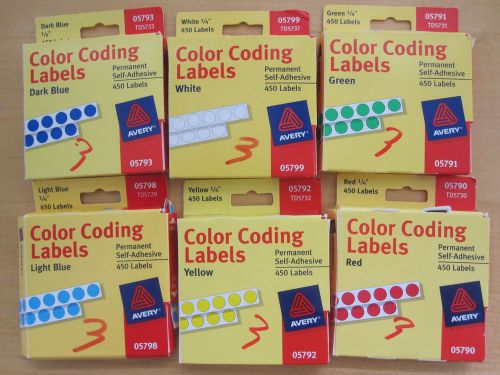 X6 Avery  Color Coding Label Dots 1/4&#034; Yellow White Red Green Dark &amp; Light Blue