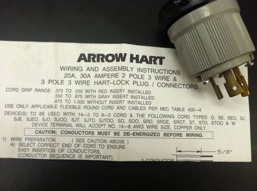 Arrow hart 20 amp 250 volt 2 pole 3 wire locking plug ah6212 nib new for sale