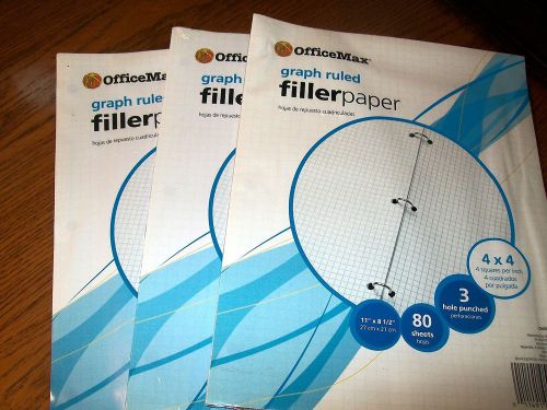 Lot of 3 Office Max Graph Ruled Filler Paper 11&#034; x 81/2&#034; 3 Hole Punched 4x4 NIP