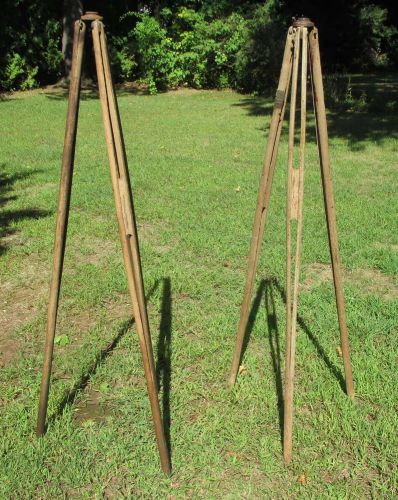 Matched pair vintage survey wood tripod camera lamp base industrial 60&#034; for sale