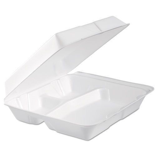 Dart Foam Hinged Lid Container, 3-Comp, 9.3 x 9 1/2 x 3, White, - 200 qty