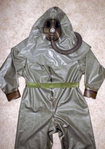 Fetish heavy rubber latex enclosure hazmat chemical suit gas mask hood 2-way zip for sale