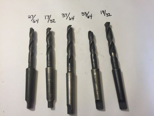 Lot of 5 drill bit 27/64,17/32,37/64,33/64,19/32 #2 morse taper high speed steel for sale