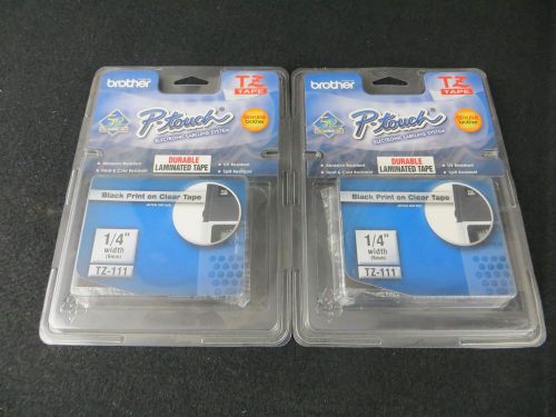LOT OF 2 - BROTHER P-TOUCH TZ TAPE - TZ-111 - 1/4&#034; 6mm BLACK PRINT ON CLEAR TAPE