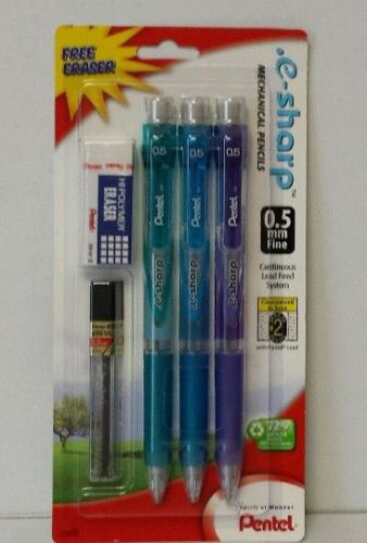Pentel e-sharp Mechanical Pencils 0.5mm AZ125LZBP3M + Eraser + Leads