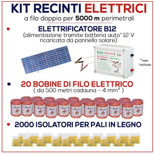 ELECTRIC FENCE KIT for 5000 mt - ENERGIZER B/12 + SOLAR PANEL + WIRE +INSULATORS