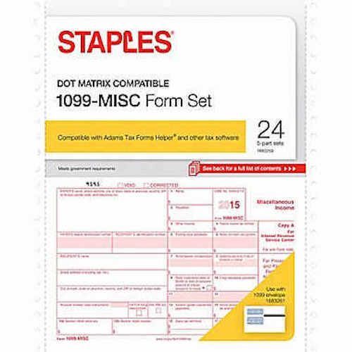Staples 2015 Tax Year IRS Forms, 1099-MISC Continuous Set, 24/Pack Dot Matrix