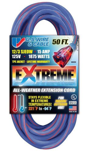 12/3 50-Foot SJEOW TPE Cold Weather Extension Cord Blue with Lighted Plug