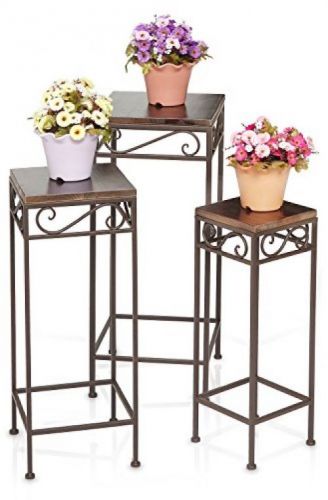 Set Of 3 Scrollwork Design Brown Metal and Wood Nesting Tables / Decorative