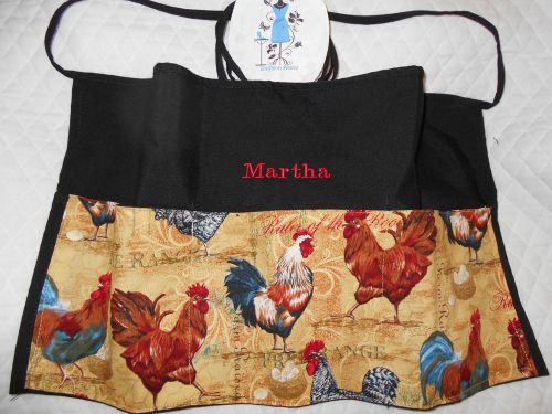 Black Server 3 Pocket Waitress Waist Apron Rooster Your Name FREE Lady Pizazz