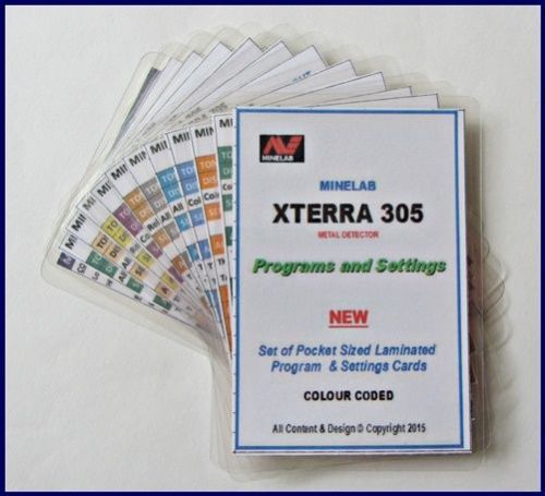 Minelab XTERRA 305  Metal Detector Program Cards. Pocket Sized. Waterproof. NEW