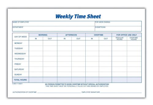 Adams time sheet, 9 x 5.5 inch, weekly format, 2-part, carbonless, 100-pack, ... for sale