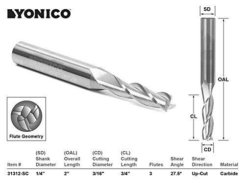 Yonico 31312-SC CNC Router Bit Up Cut Solid Carbide with 1/4&#034; Shank, 3/16&#034; x