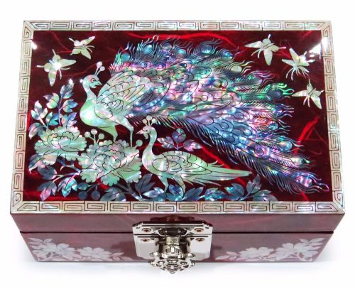 Jewelry Ring Watch Box Organizer Korean Mother of Pearl Inlay Peacock Red New