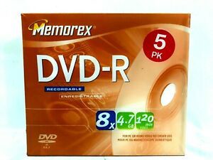 Memorex 5 Pack DVD-R Blank Discs 8x 4.7GB 120min Brand New Sealed