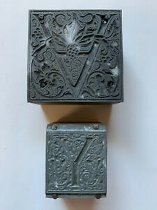 2 Vintage letterpress Printers Blocks stamps letter V and Y, wood &amp; metal