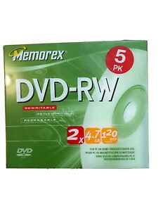 Memorex DVD-RW 5pk 1x 2x 4.7GB 120 Mins For Pc Or Home Video Recorder