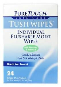 Pure Touch Skin Care - Individual Flushable Moist Tush Wipes Biodegradable - 24